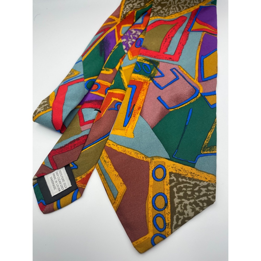 Pat Argenti Mens Silk Tie Abstract Geometric Multicolor Handmade Necktie Vintage